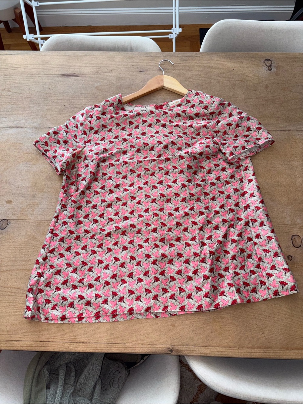 Tory Burch 100% Silk Bird Print Blouse Top Pink Red Size 8